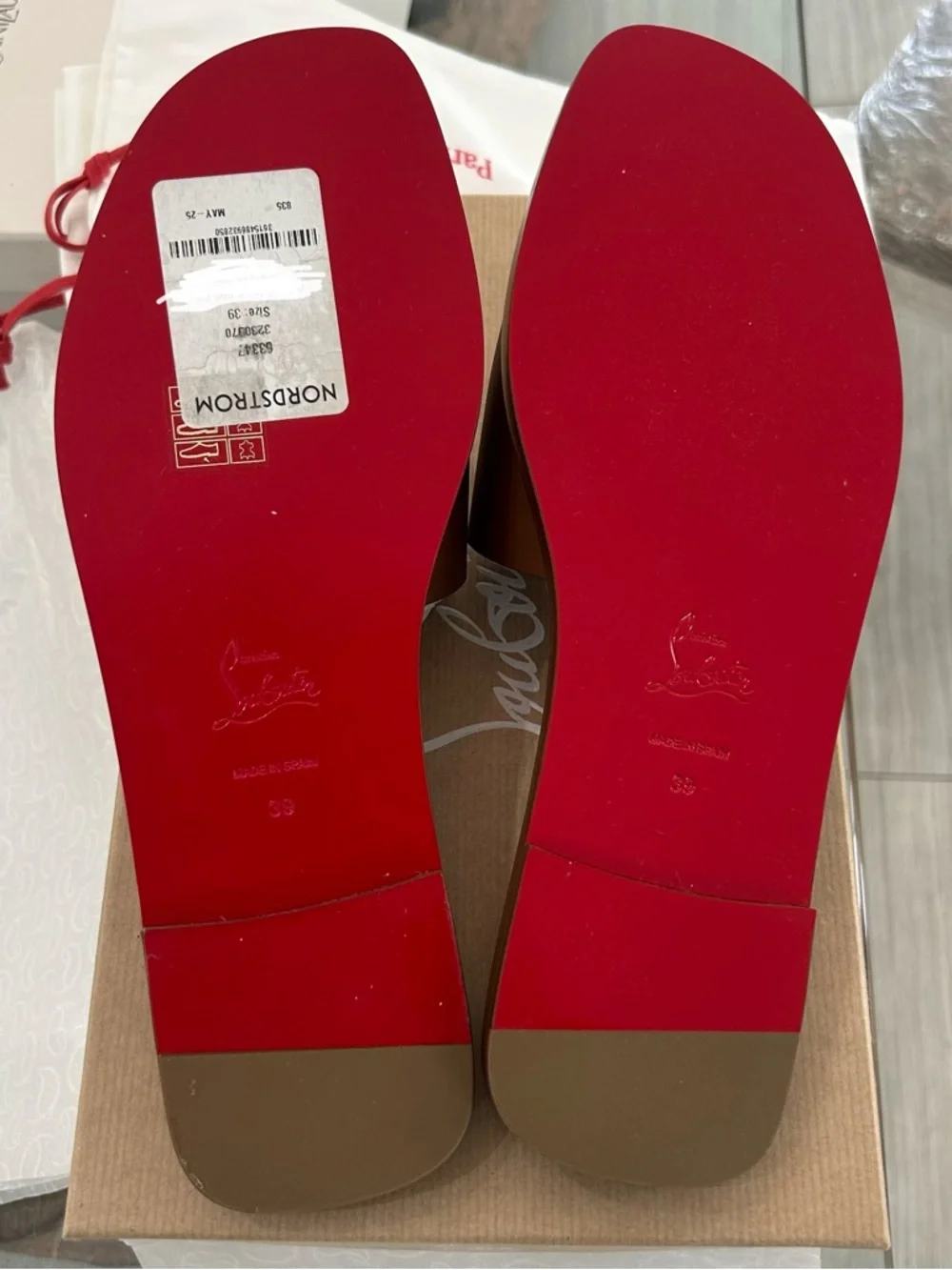 CHRISTIAN LOUBOUTIN CL MULE FLAT SANDAL EMBROIDERED LOGO BROWN LEATHER SZ 39 NEW - Picture 14 of 15